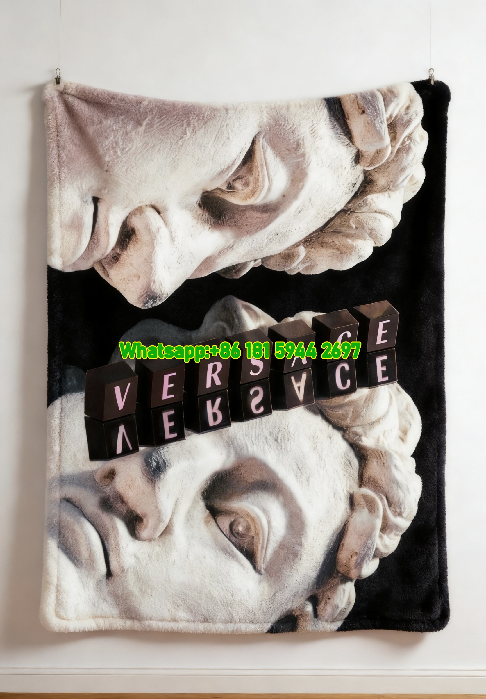 Versace Beige Stone Sculpture Pink Letter Print Flannel Sofa Throw Blanket IMG_1407